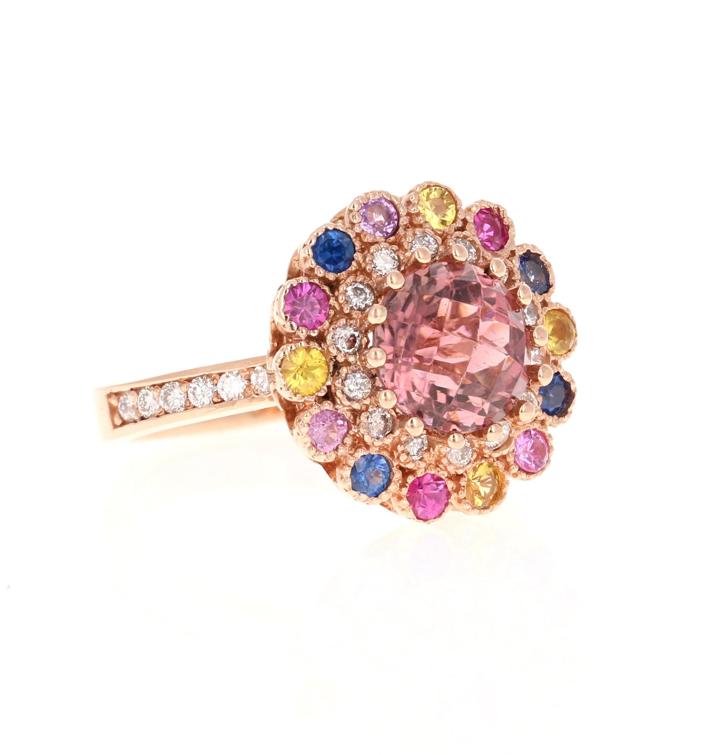 Contemporary 3.05 Carat  Natural Tourmaline Sapphire Diamond Rose Gold Cocktail Ring For Sale