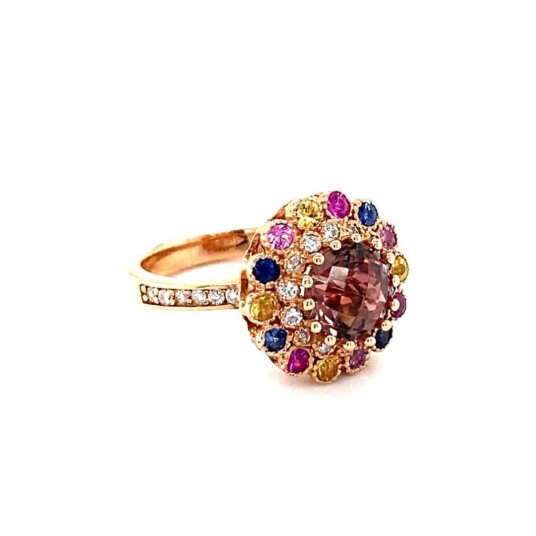 Round Cut 3.05 Carat  Natural Tourmaline Sapphire Diamond Rose Gold Cocktail Ring For Sale