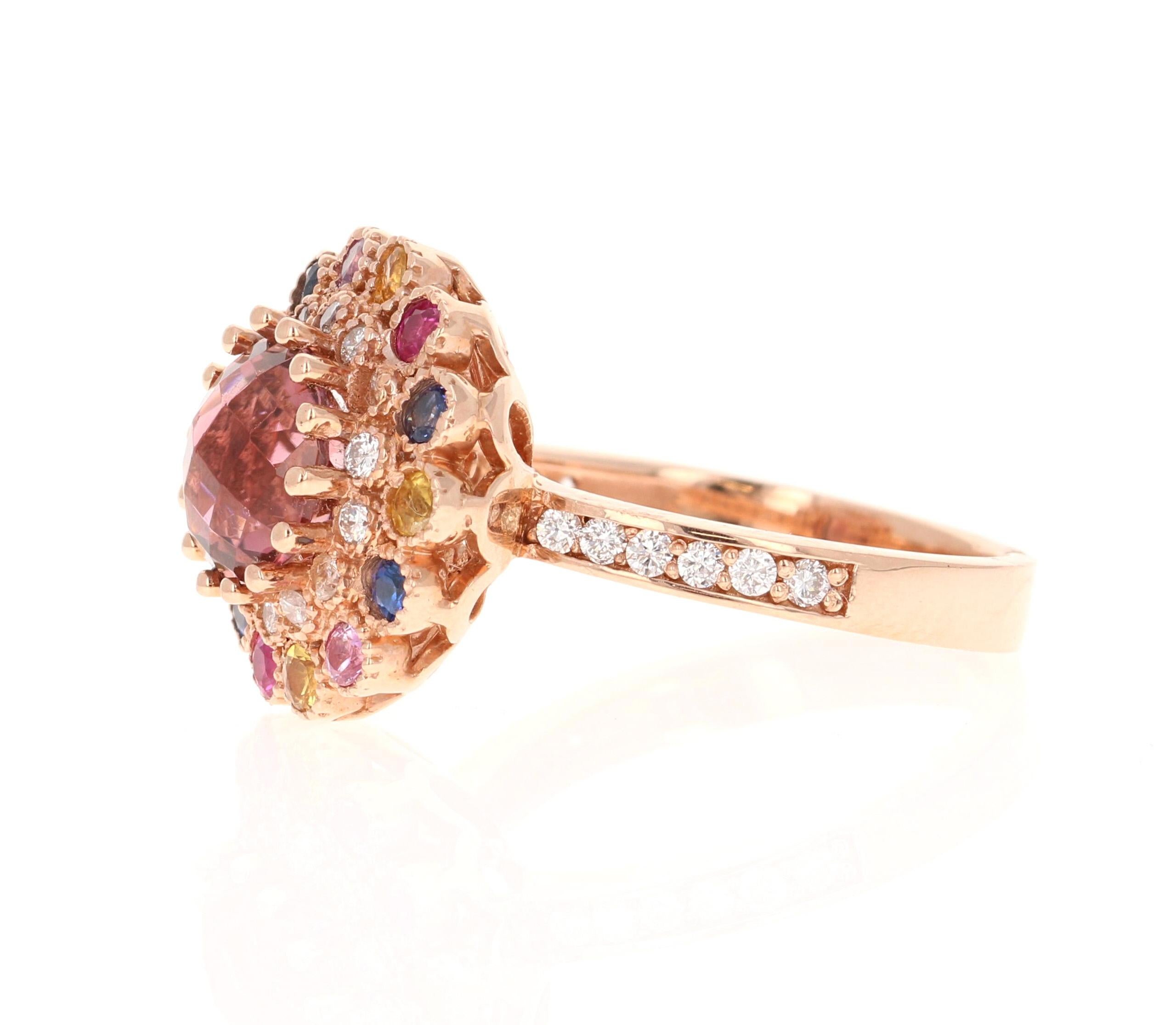 Round Cut 3.05 Carat  Natural Tourmaline Sapphire Diamond Rose Gold Cocktail Ring For Sale