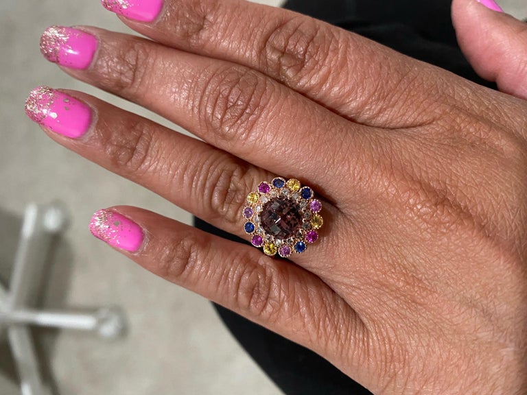 3.05 Carat  Natural Tourmaline Sapphire Diamond Rose Gold Cocktail Ring In New Condition For Sale In Los Angeles, CA