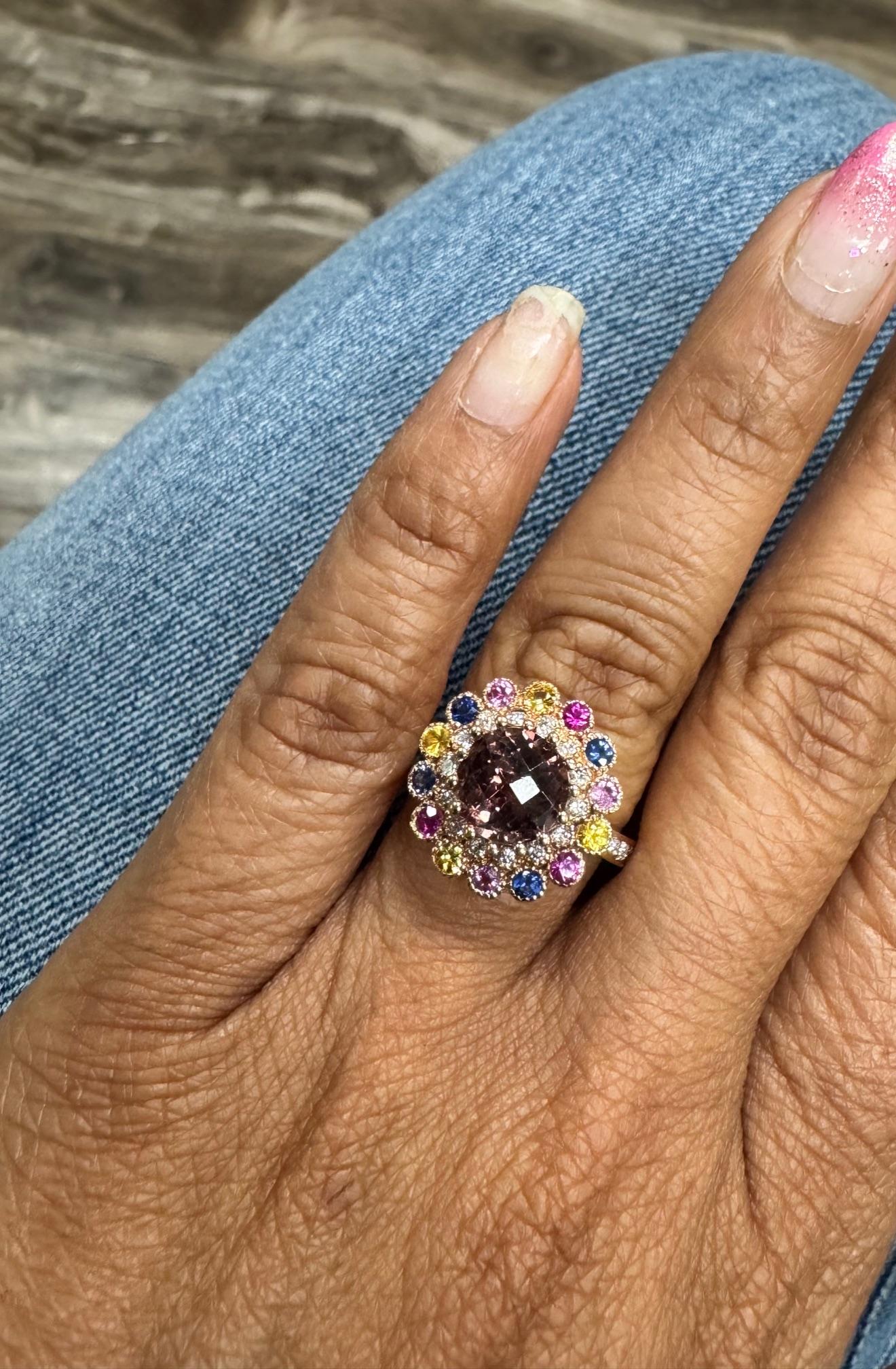 Women's 3.05 Carat  Natural Tourmaline Sapphire Diamond Rose Gold Cocktail Ring For Sale