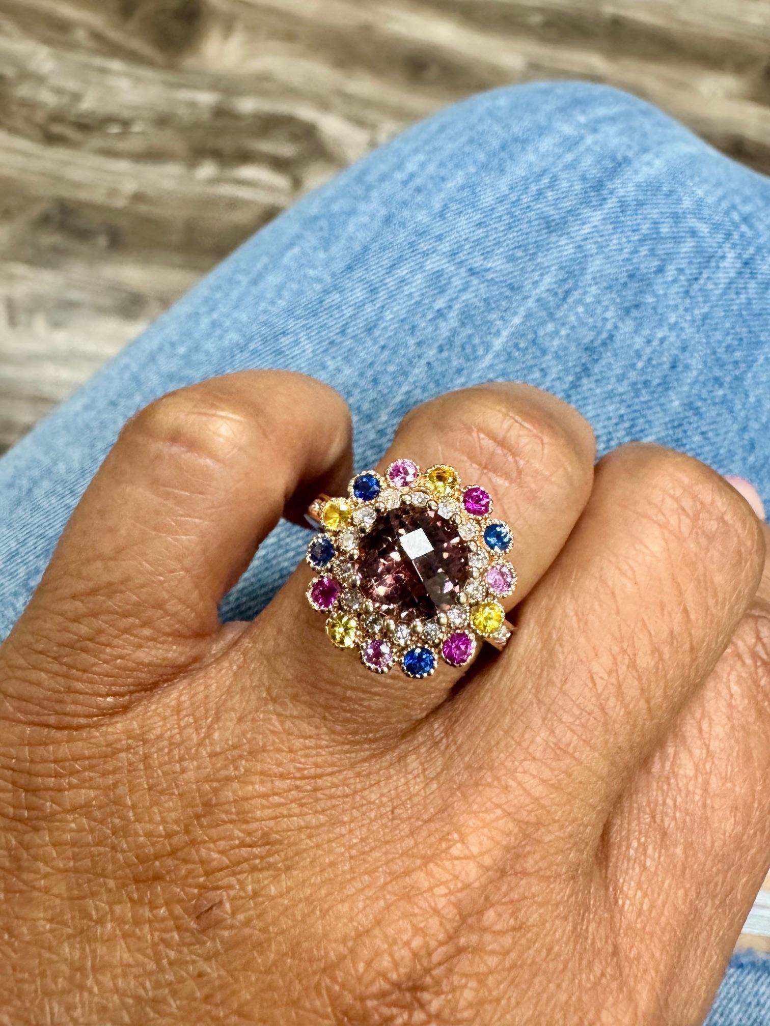 3.05 Carat  Natural Tourmaline Sapphire Diamond Rose Gold Cocktail Ring For Sale 2