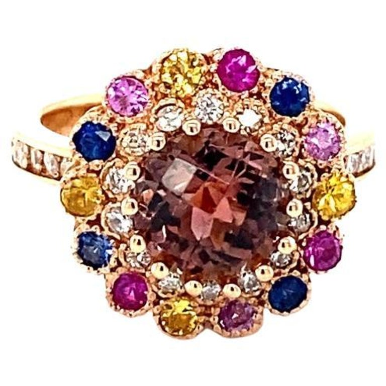 3.05 Carat  Natural Tourmaline Sapphire Diamond Rose Gold Cocktail Ring For Sale