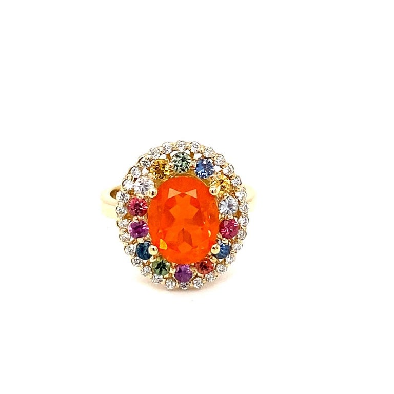 3.05 Carat Oval Cut Fire Opal Sapphire Diamond Yellow Gold Cocktail Ring In New Condition For Sale In Los Angeles, CA