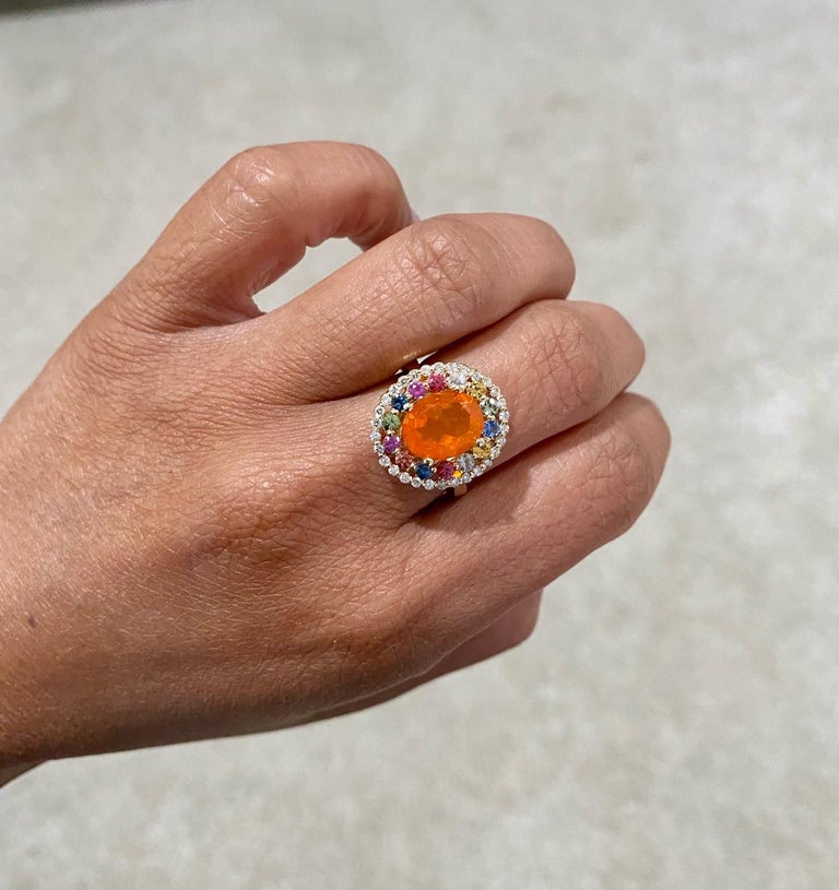 3.05 Carat Oval Cut Fire Opal Sapphire Diamond Yellow Gold Cocktail Ring For Sale 2