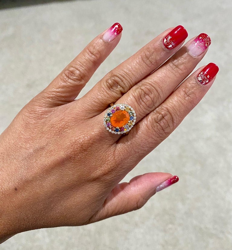 3.05 Carat Oval Cut Fire Opal Sapphire Diamond Yellow Gold Cocktail Ring For Sale 3