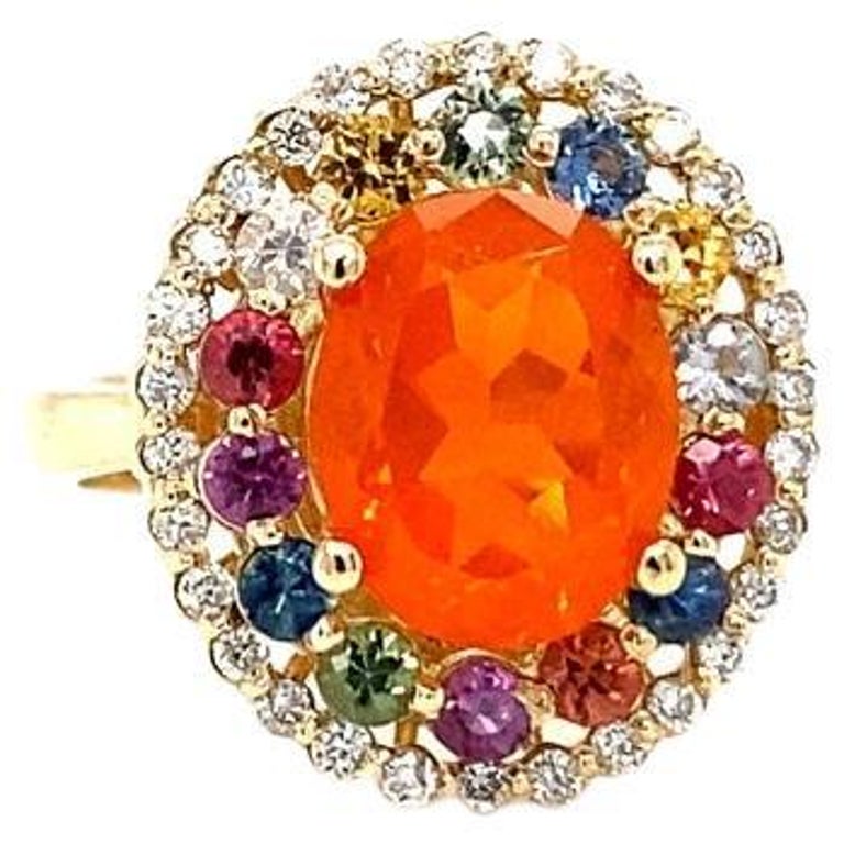 3.05 Carat Oval Cut Fire Opal Sapphire Diamond Yellow Gold Cocktail Ring For Sale