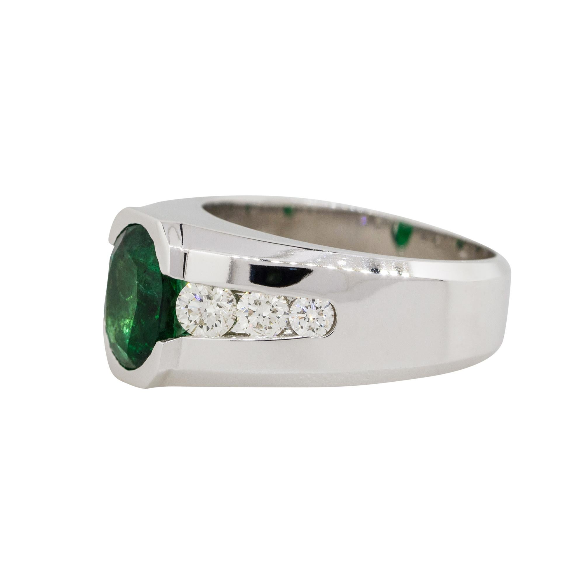 Material: 14k white gold
Diamond details: Approx. 1.20ctw of round cut Diamonds. Diamonds are G/H in color and VS in clarity
Gemstone Details: Approx. 3.05ctw ova cult Emerald gemstone
Size: 10.5
Total weight: 17.3g (11.1dwt)
Measurements: 0.95