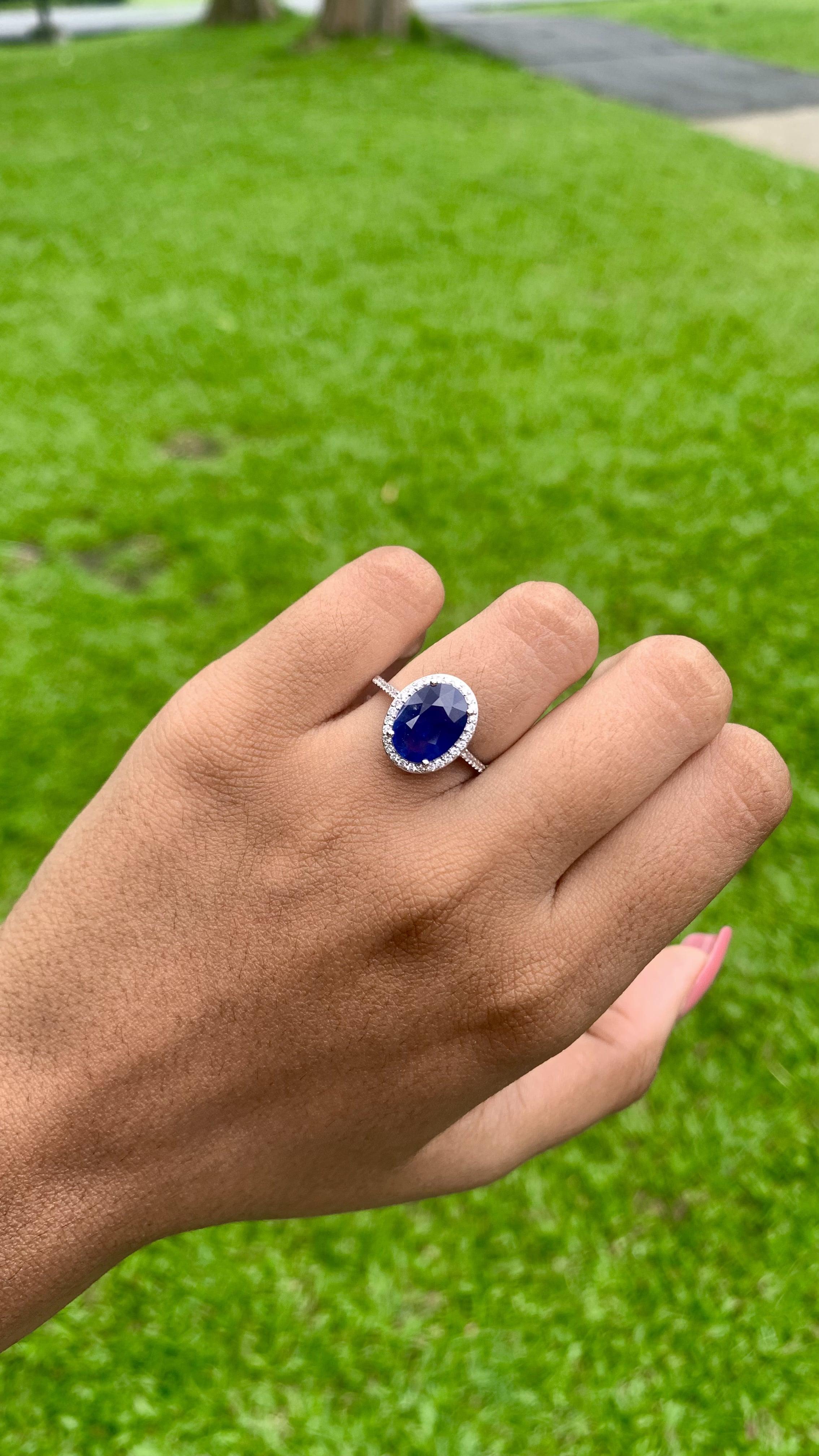 Oval Cut 3.05 Carat Ceylon Royal Blue Sapphire & Diamond Ring in 18K White Gold