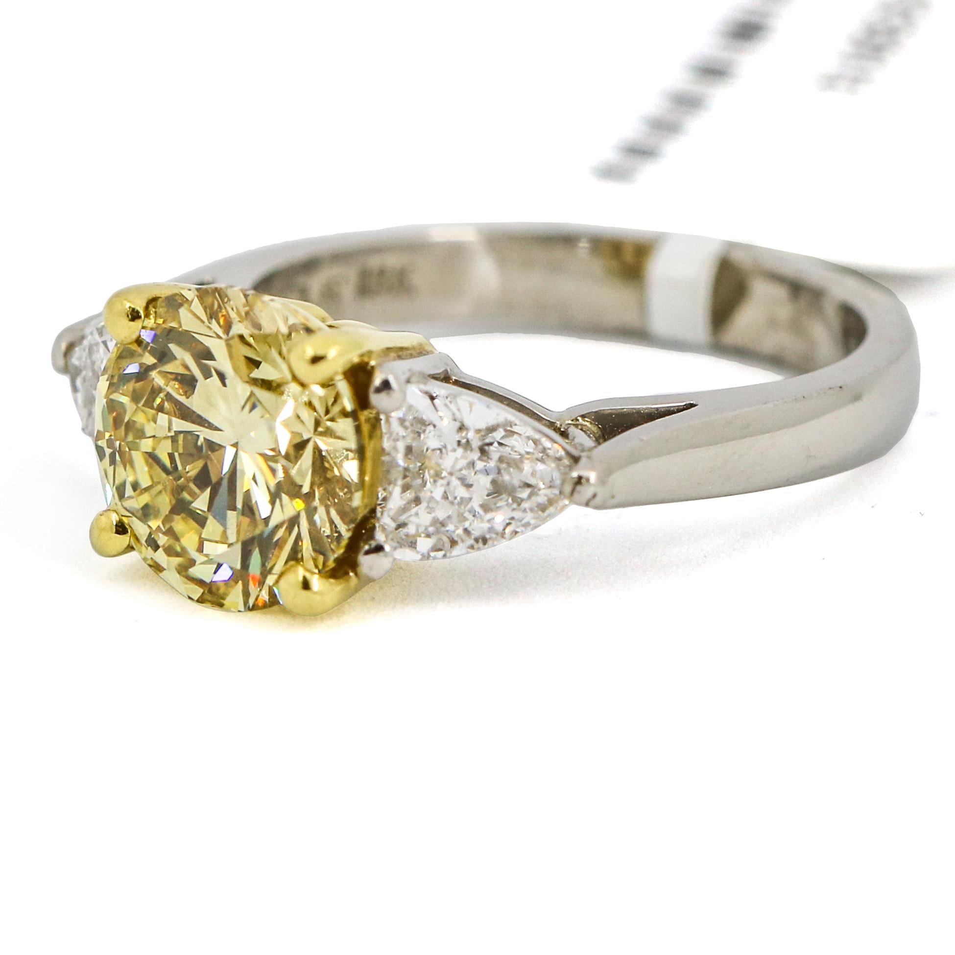 Round Cut 3.05 Carat Platinum GIA Certificate Fancy Yellow Diamond Engagement Ring For Sale