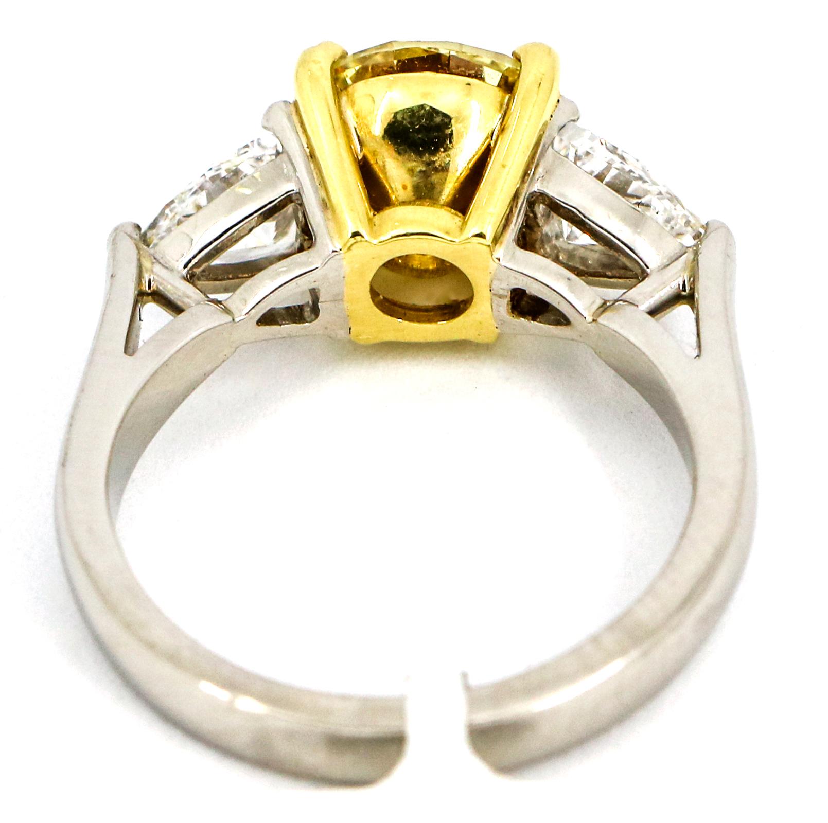3.05 Carat Platinum GIA Certificate Fancy Yellow Diamond Engagement Ring For Sale 2