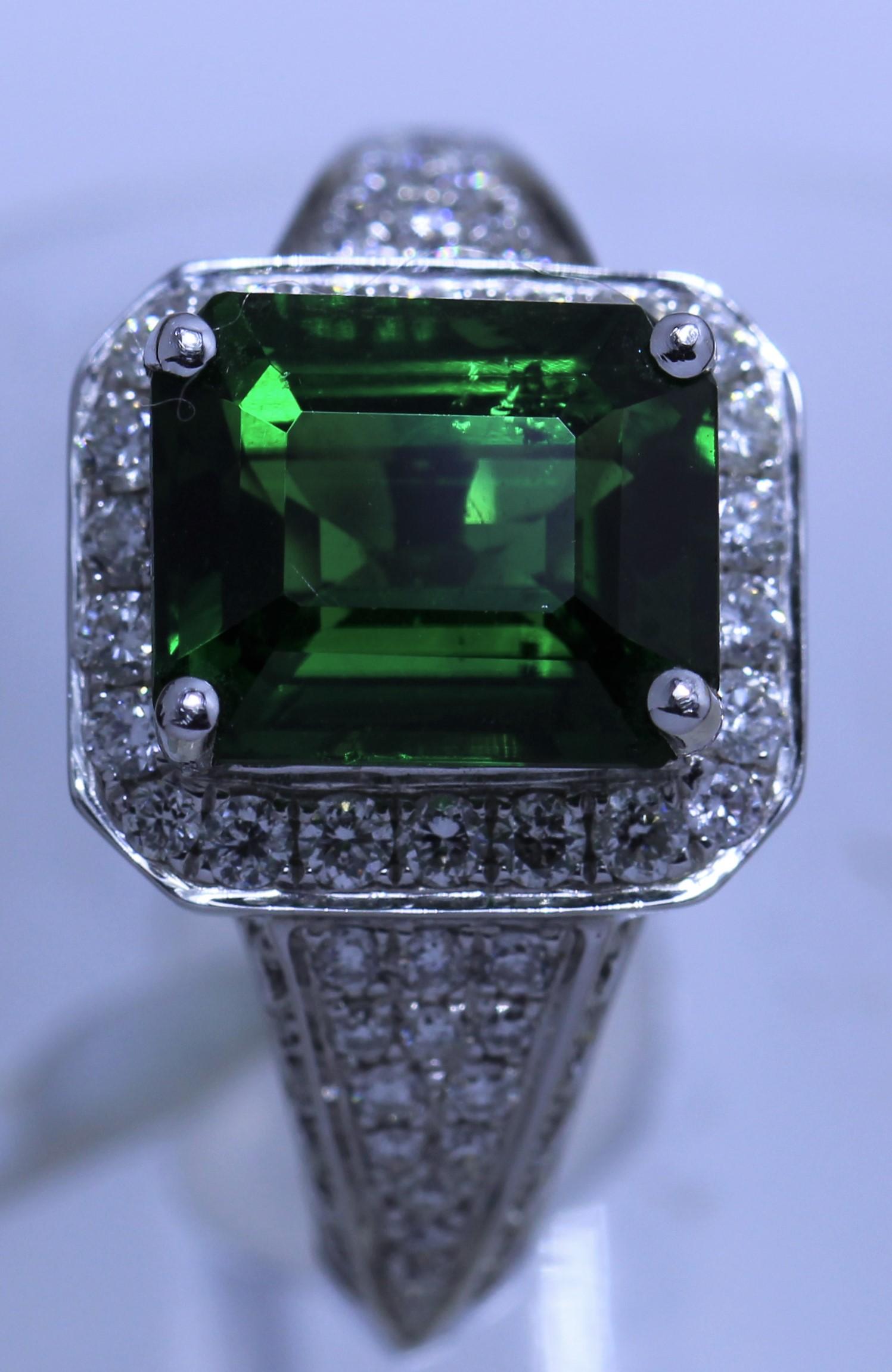 Emerald Cut 3.05 Carat Tsavorite Diamond Cocktail Ring in 18K White Gold For Sale