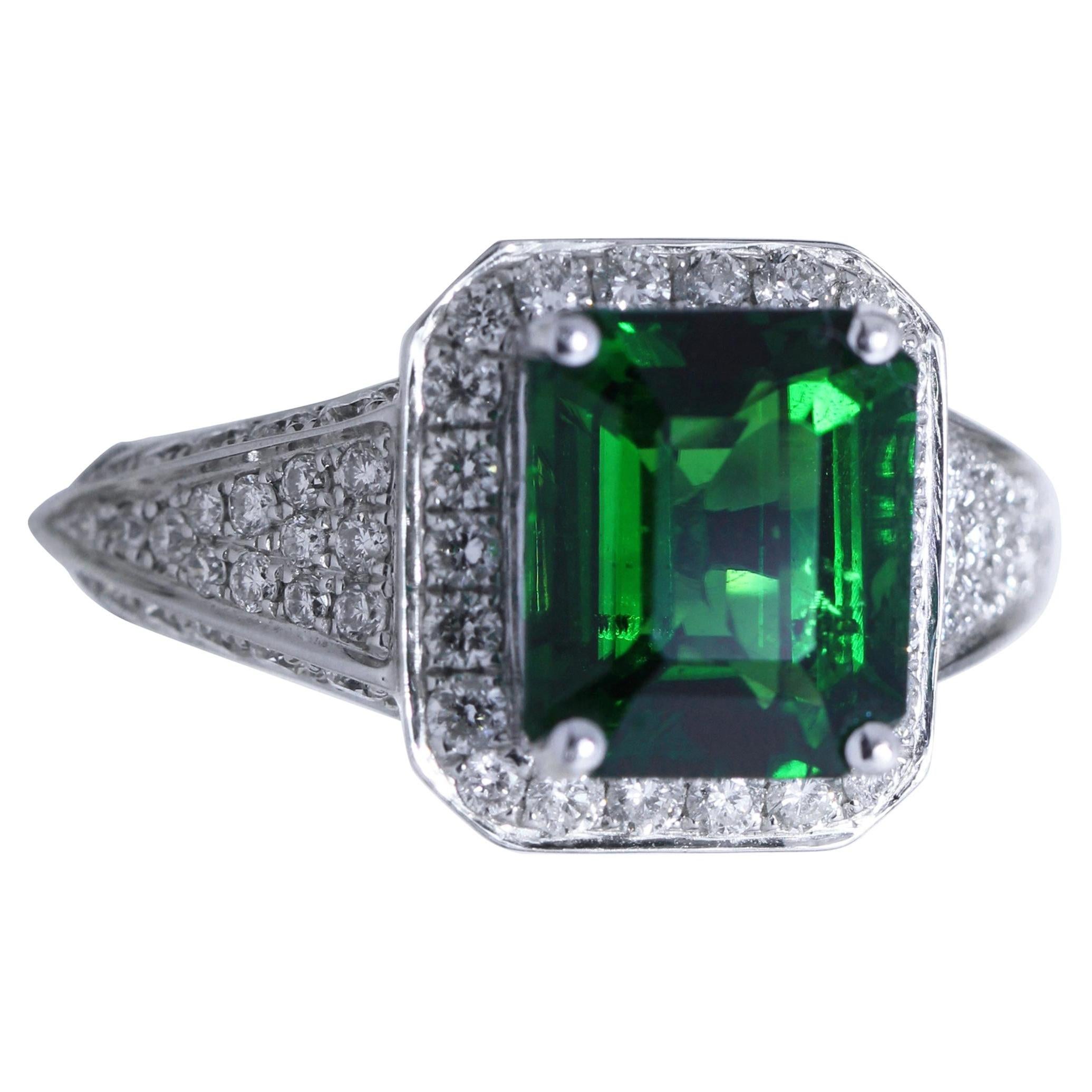 3.05 Carat Tsavorite Diamond Cocktail Ring in 18K White Gold For Sale