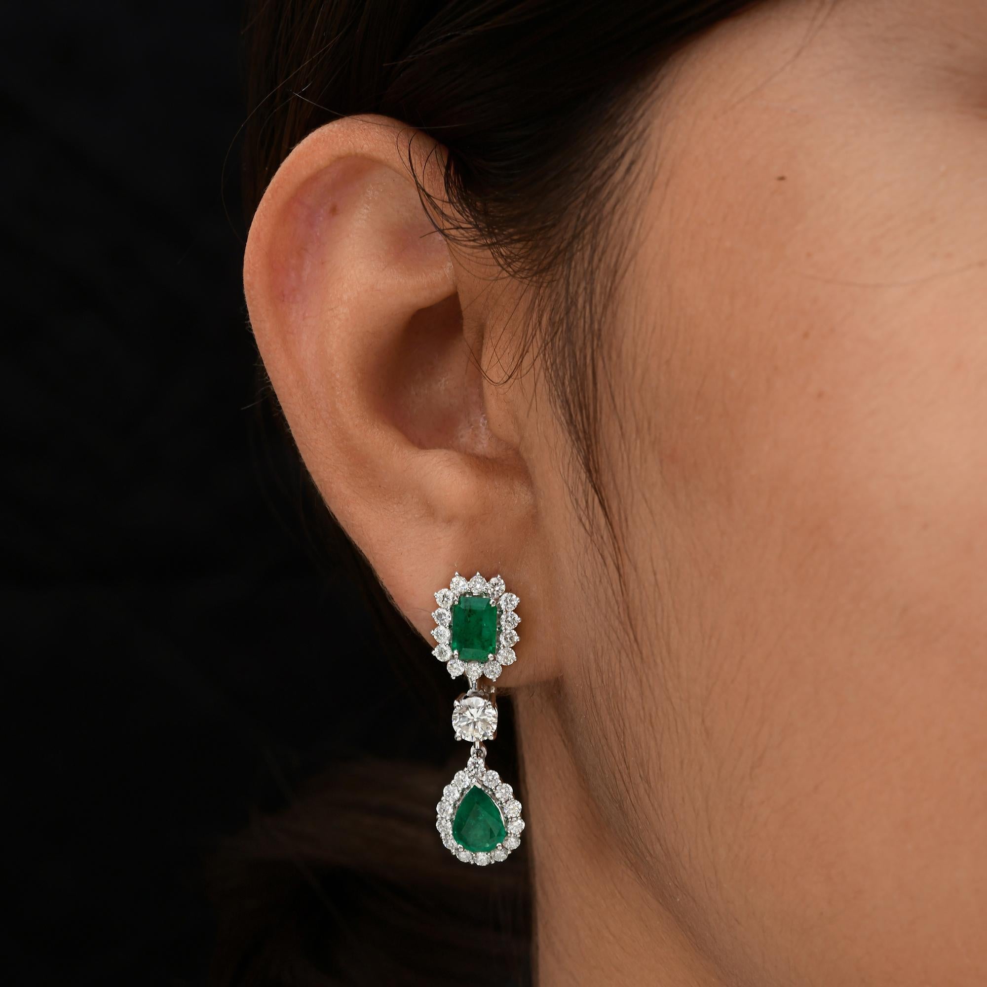 Modern 3.05 Carat Zambian Emerald Dangle Earrings 2.72 Ct SI/H Diamond 18k White Gold For Sale