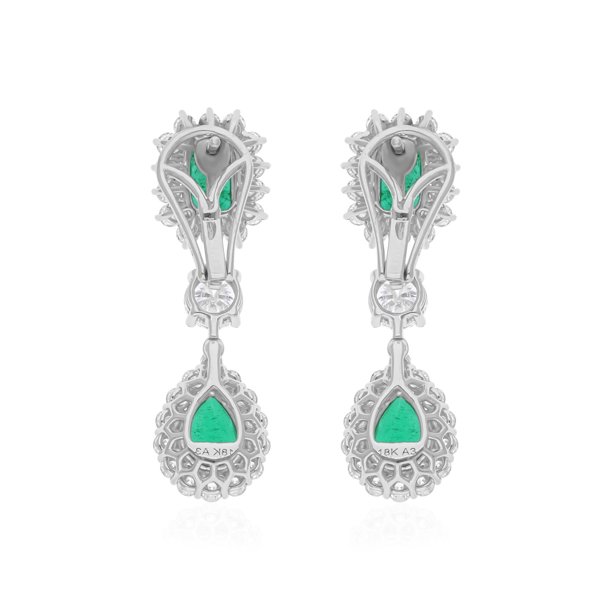 Pear Cut 3.05 Carat Zambian Emerald Dangle Earrings 2.72 Ct SI/H Diamond 18k White Gold For Sale