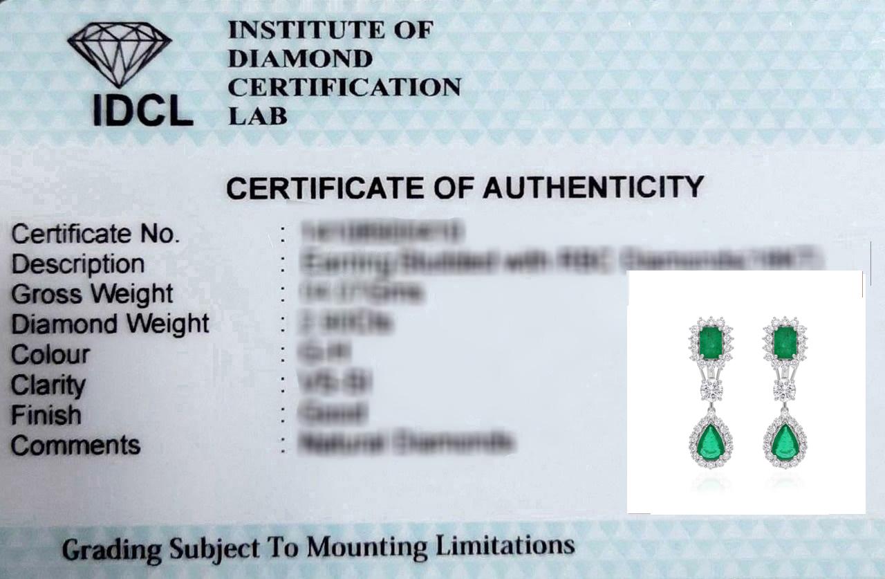 Women's 3.05 Carat Zambian Emerald Dangle Earrings 2.72 Ct SI/H Diamond 18k White Gold For Sale