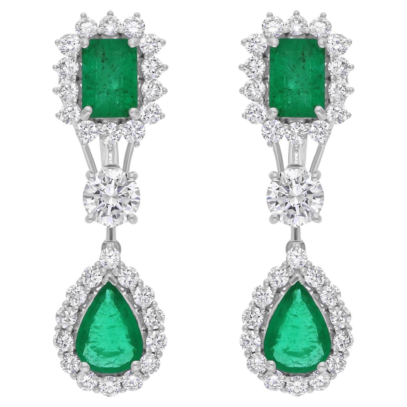3.05 Carat Zambian Emerald Dangle Earrings 2.72 Ct SI/H Diamond 18k White Gold