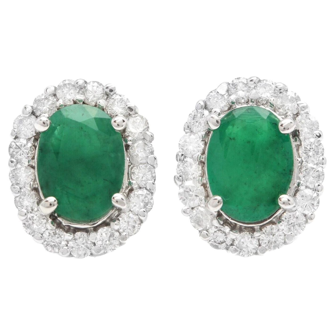 3.05 Carats Natural Emerald and Diamond 14k Solid White Gold Earrings For Sale