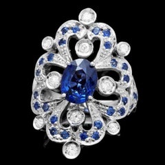 3.05 Carats Natural Sapphire and Diamond 14k Solid White Gold Ring