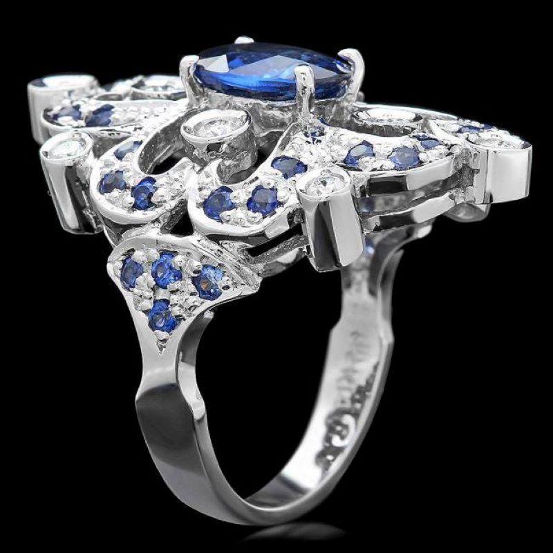 Mixed Cut 3.05 Carats Natural Sapphire and Diamond 14k Solid White Gold Ring For Sale