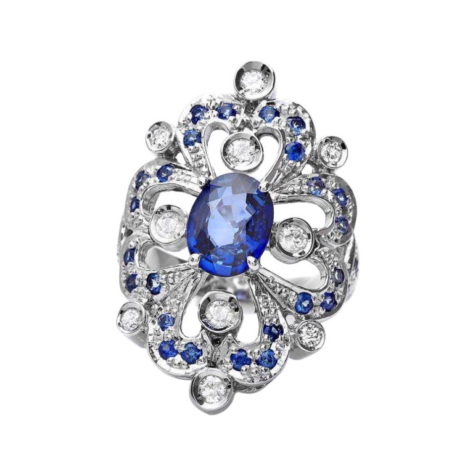 3.05 Carats Natural Sapphire and Diamond 14k Solid White Gold Ring For Sale