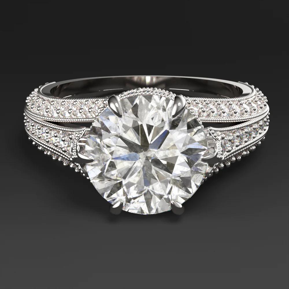 Round Cut 3.05 Carat Diamond Ring Natural Round Brilliant Cut Pave White Gold Ring For Sale
