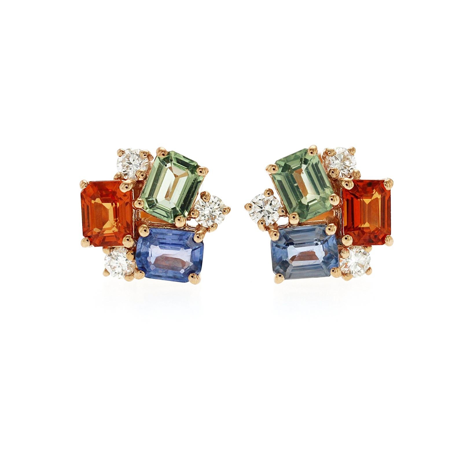 Round Cut 3.05 CT Multicolor Sapphire 0.29 CT Diamonds in 14K Rose Gold Stud Earrings For Sale