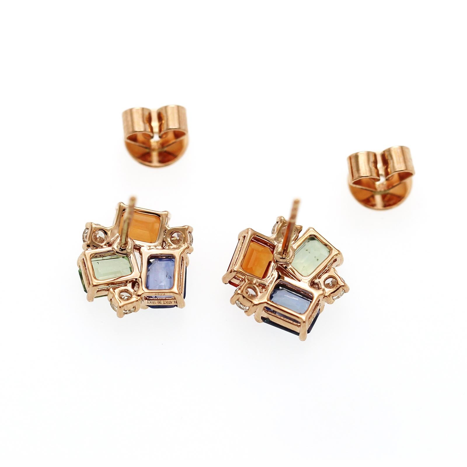 3.05 CT Multicolor Sapphire 0.29 CT Diamonds in 14K Rose Gold Stud Earrings In New Condition For Sale In Los Angeles, CA