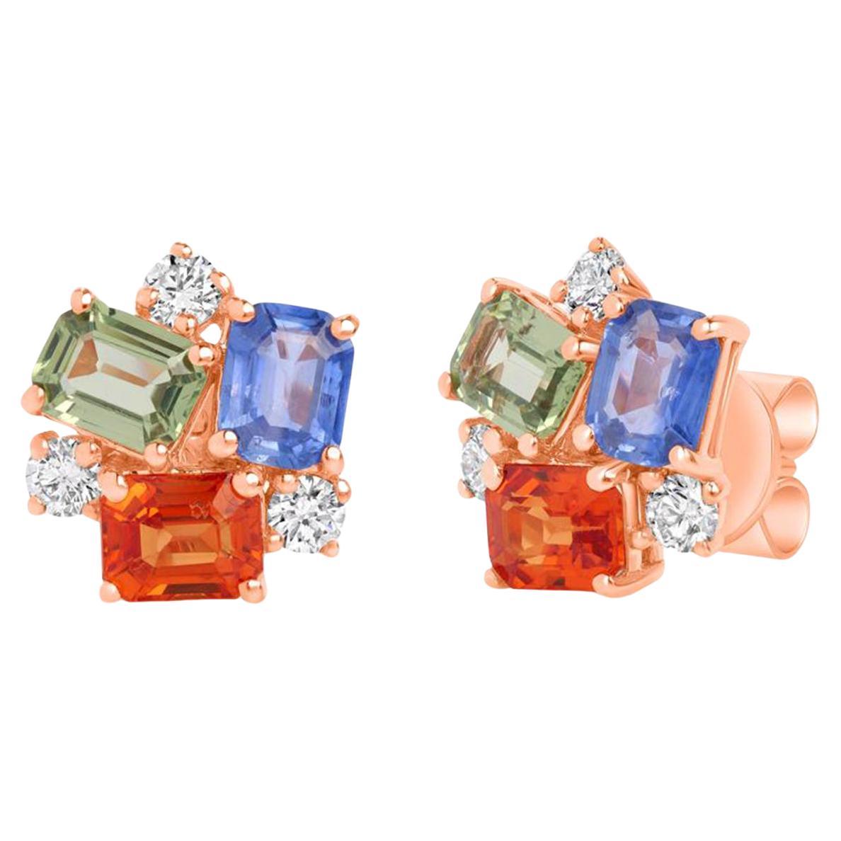 3.05 CT Multicolor Sapphire 0.29 CT Diamonds in 14K Rose Gold Stud Earrings For Sale