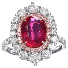3.05 cts Certified Cushion Mozambique Ruby and Diamond Double Halo Ring