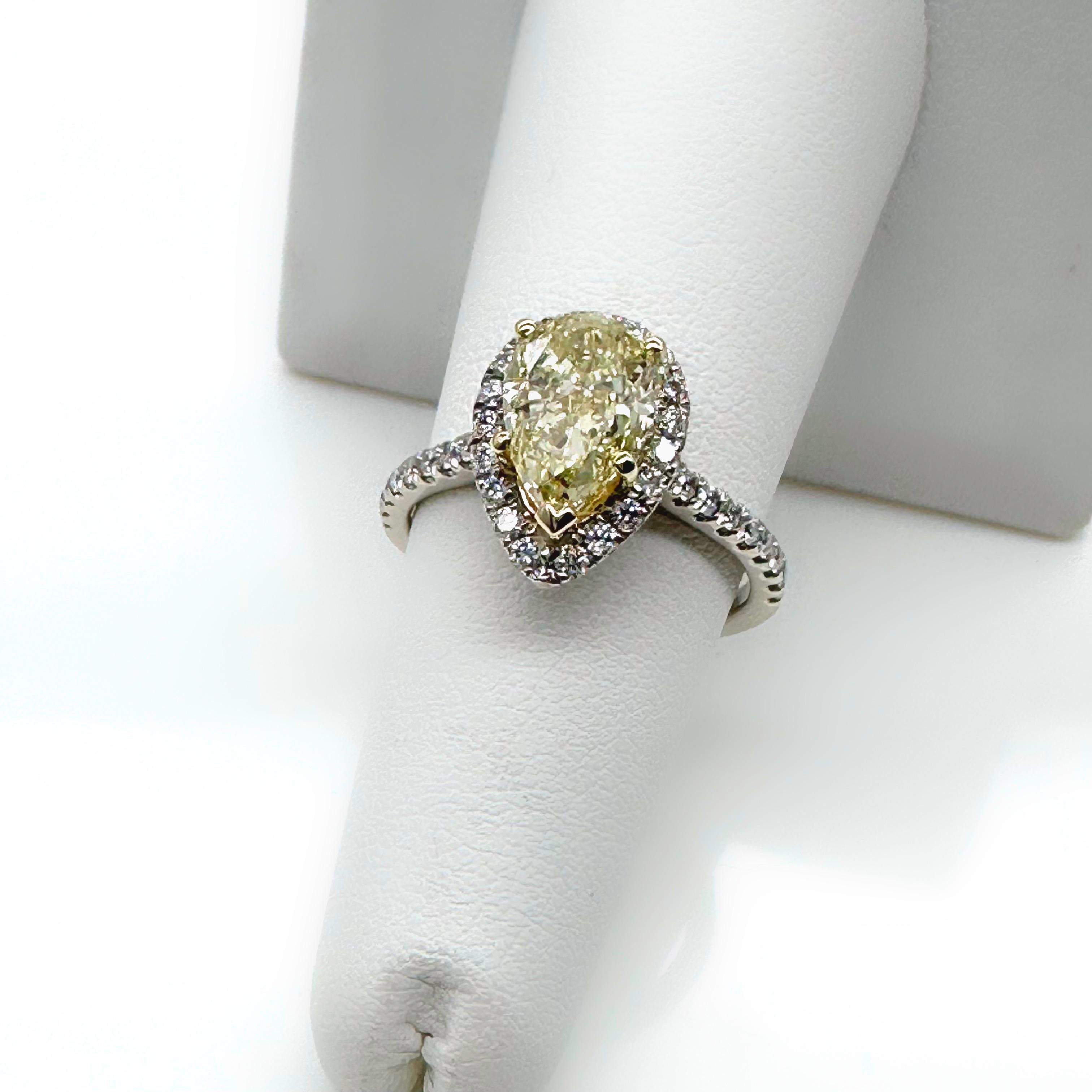 3.05tcw Pear Shape Natural FLBG Yellow SI2 Halo Diamond Engagement Ring For Sale 8