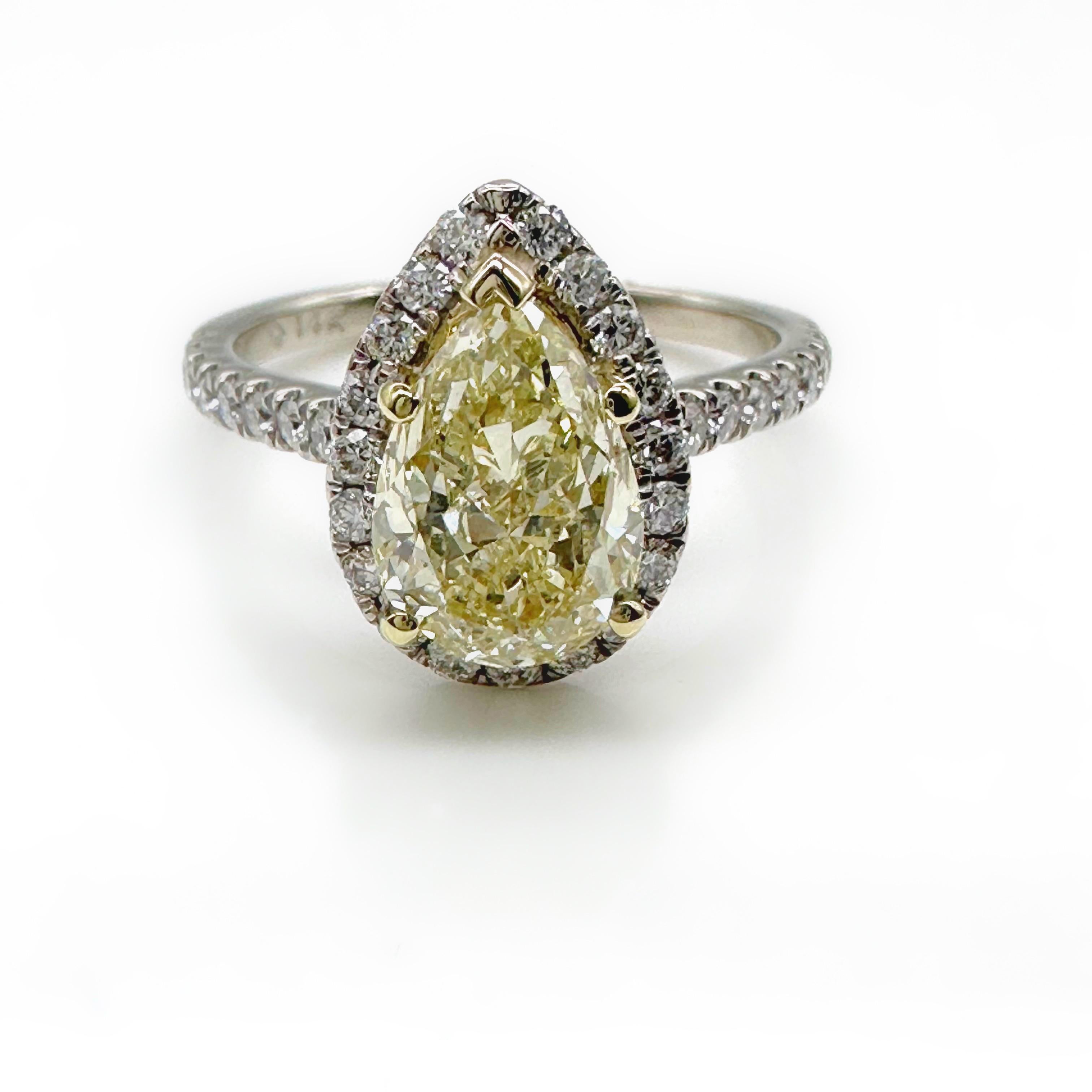 3.05tcw Pear Shape Natural FLBG Yellow SI2 Halo Diamond Engagement Ring For Sale 9