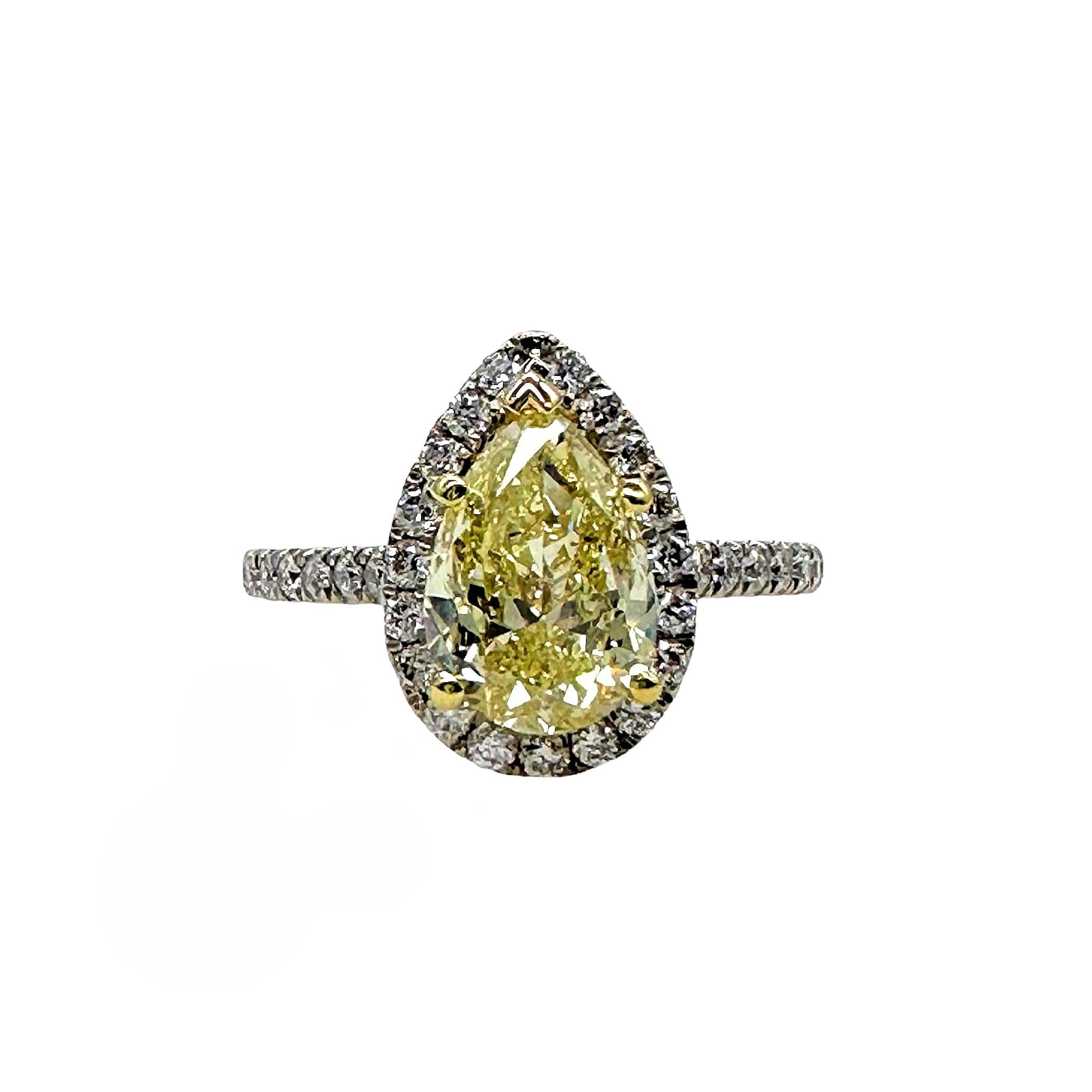 3.05tcw Pear Shape Natural FLBG Yellow SI2 Halo Diamond Engagement Ring For Sale 11