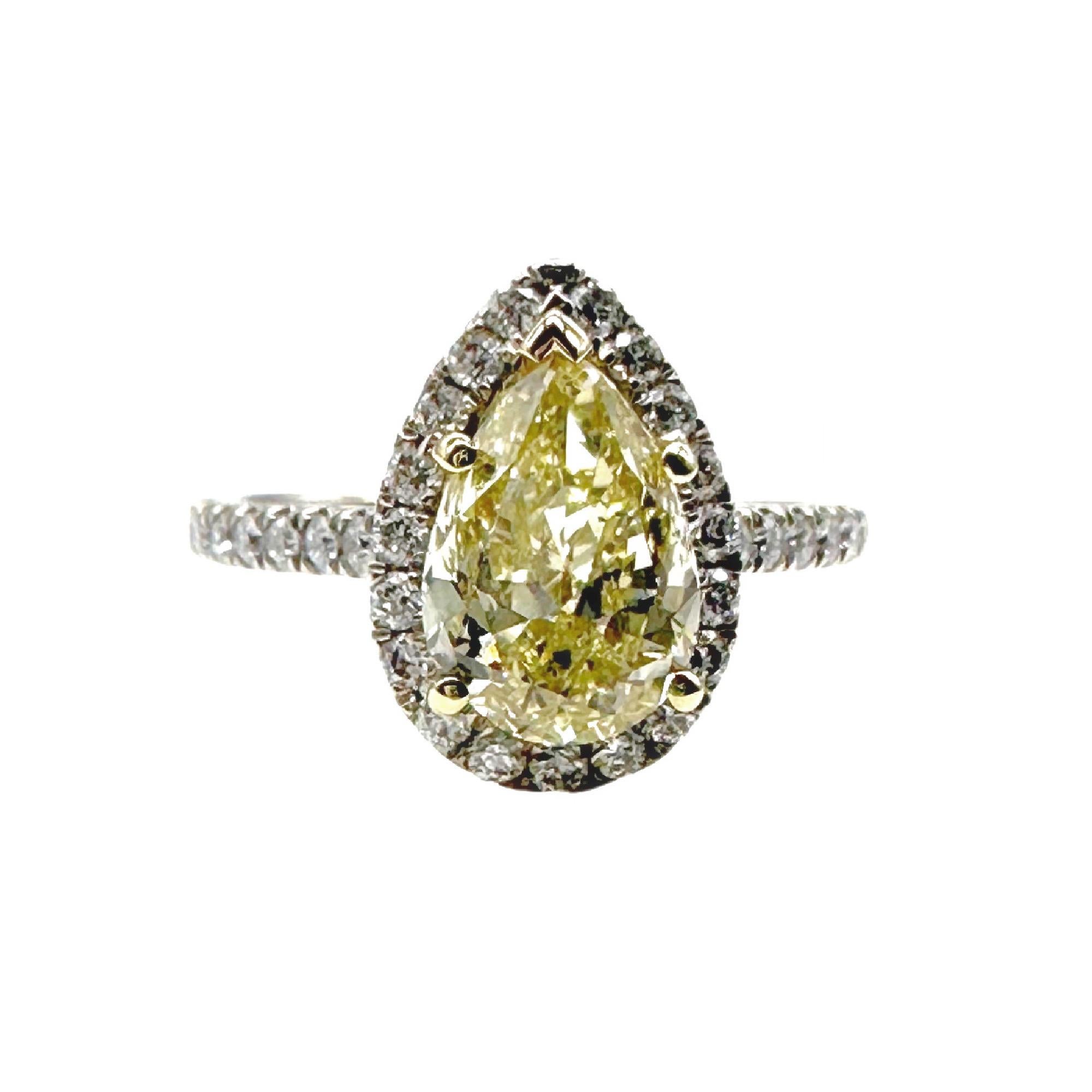 3.05tcw Pear Shape Natural FLBG Yellow SI2 Halo Diamond Engagement Ring For Sale 3