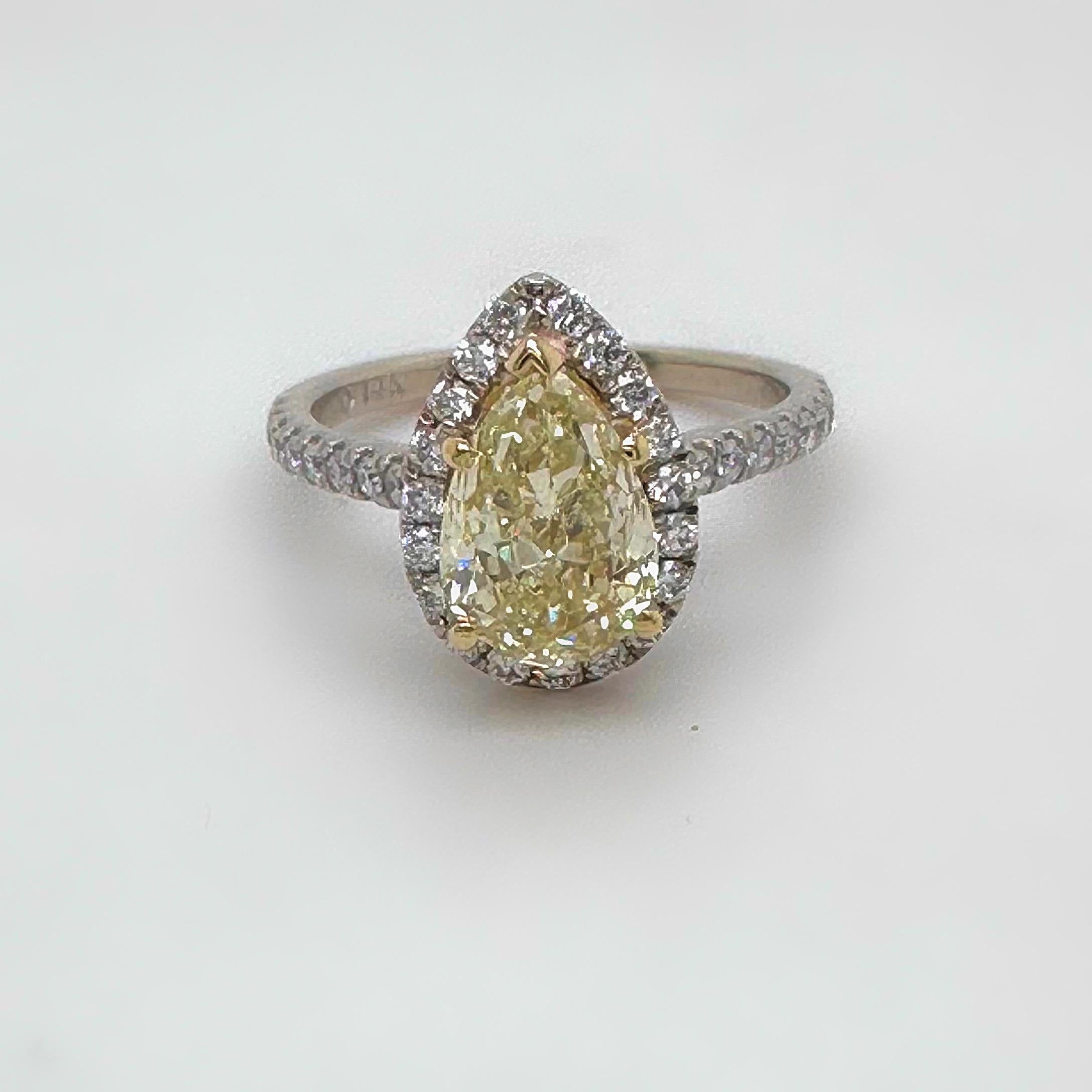 3.05tcw Pear Shape Natural FLBG Yellow SI2 Halo Diamond Engagement Ring For Sale 4