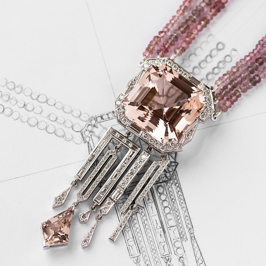 30.50 Carat Morganite 2.33 Carat Diamond Pink Tourmaline Beads Necklace  For Sale 6