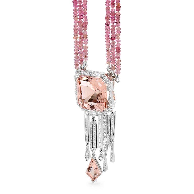 Featuring a one of a kind 30.5ct Asschet Cut Morganite, the Illuvia Rossa Necklace was inspired by the reflected light of rainfall. This stunning necklace features 2.33ct of various shaped diamonds cascading from the centre Morganite, completed with
