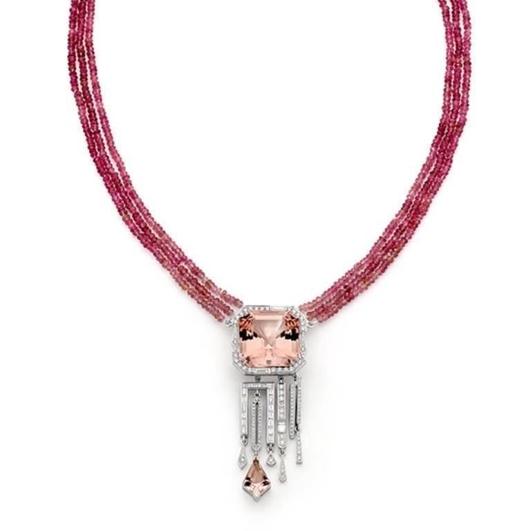 Contemporary 30.50 Carat Morganite 2.33 Carat Diamond Pink Tourmaline Beads Necklace  For Sale