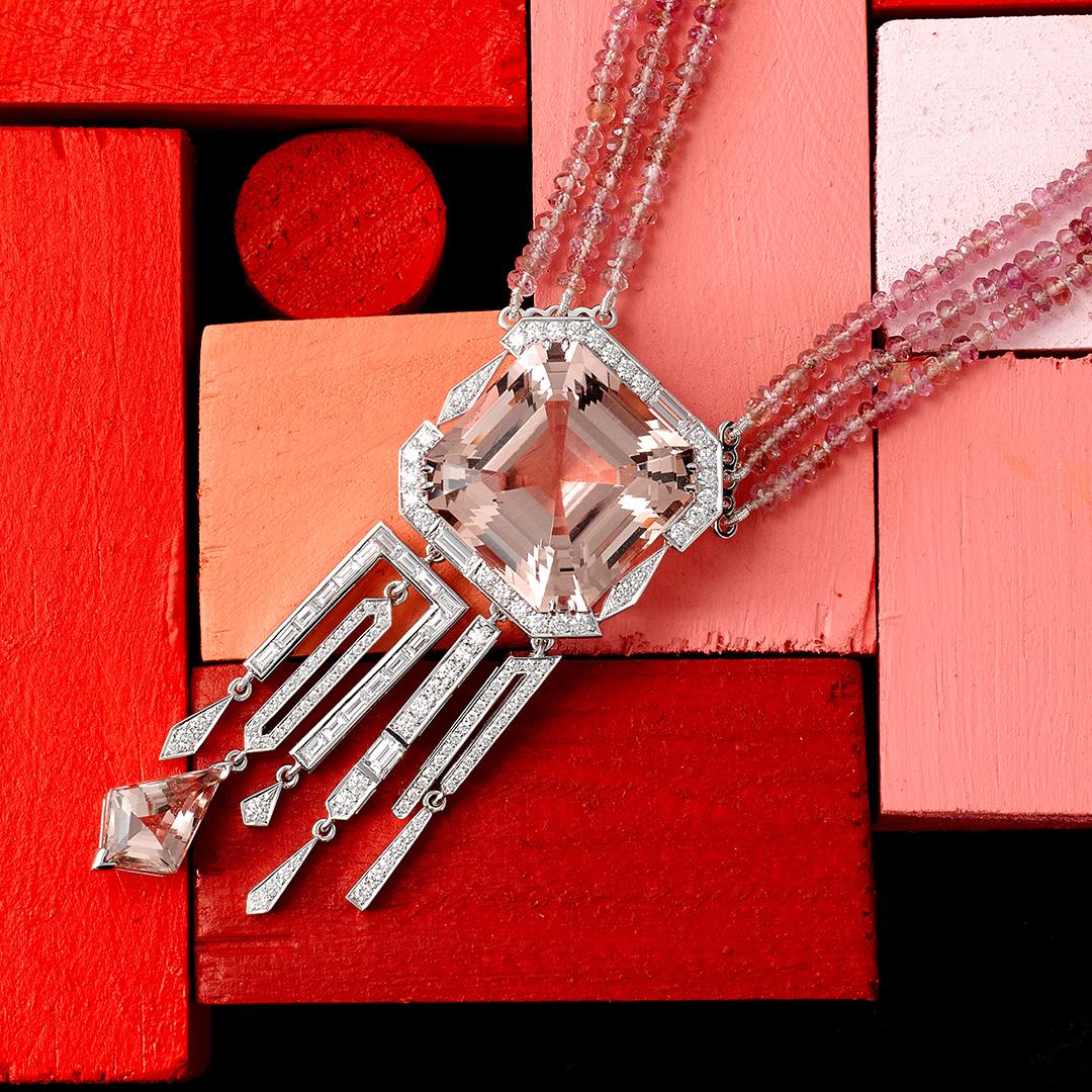 Trillion Cut 30.50 Carat Morganite 2.33 Carat Diamond Pink Tourmaline Beads Necklace  For Sale