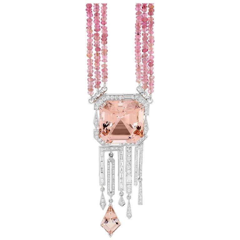 30.50 Carat Morganite 2.33 Carat Diamond Pink Tourmaline Beads Necklace  For Sale
