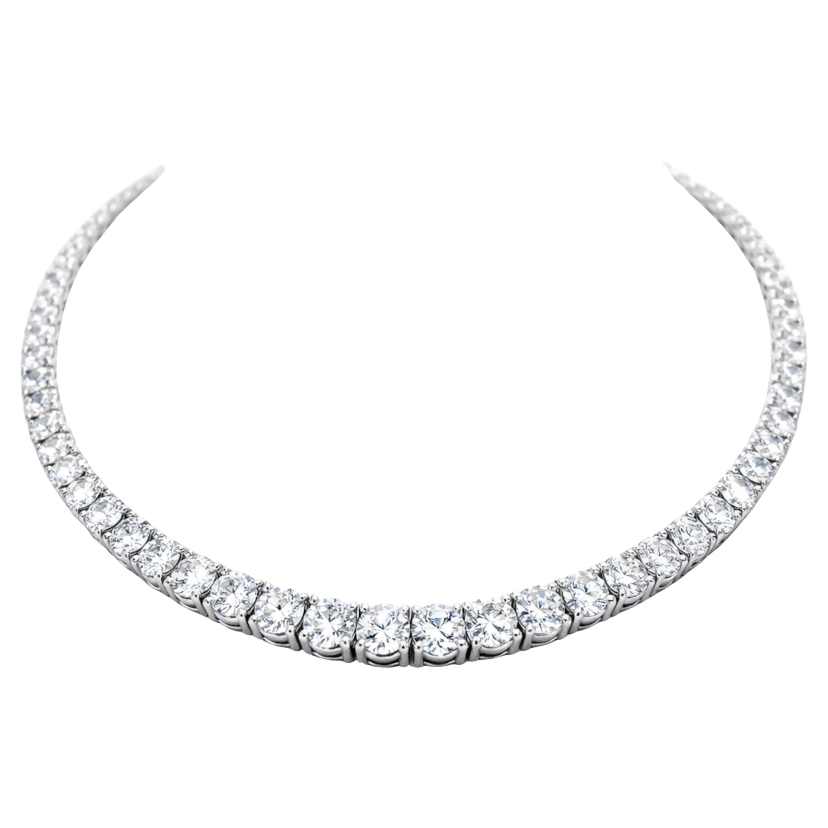 30.50 Carat Round Brilliant Diamond Riviera Necklace in 18K White Gold