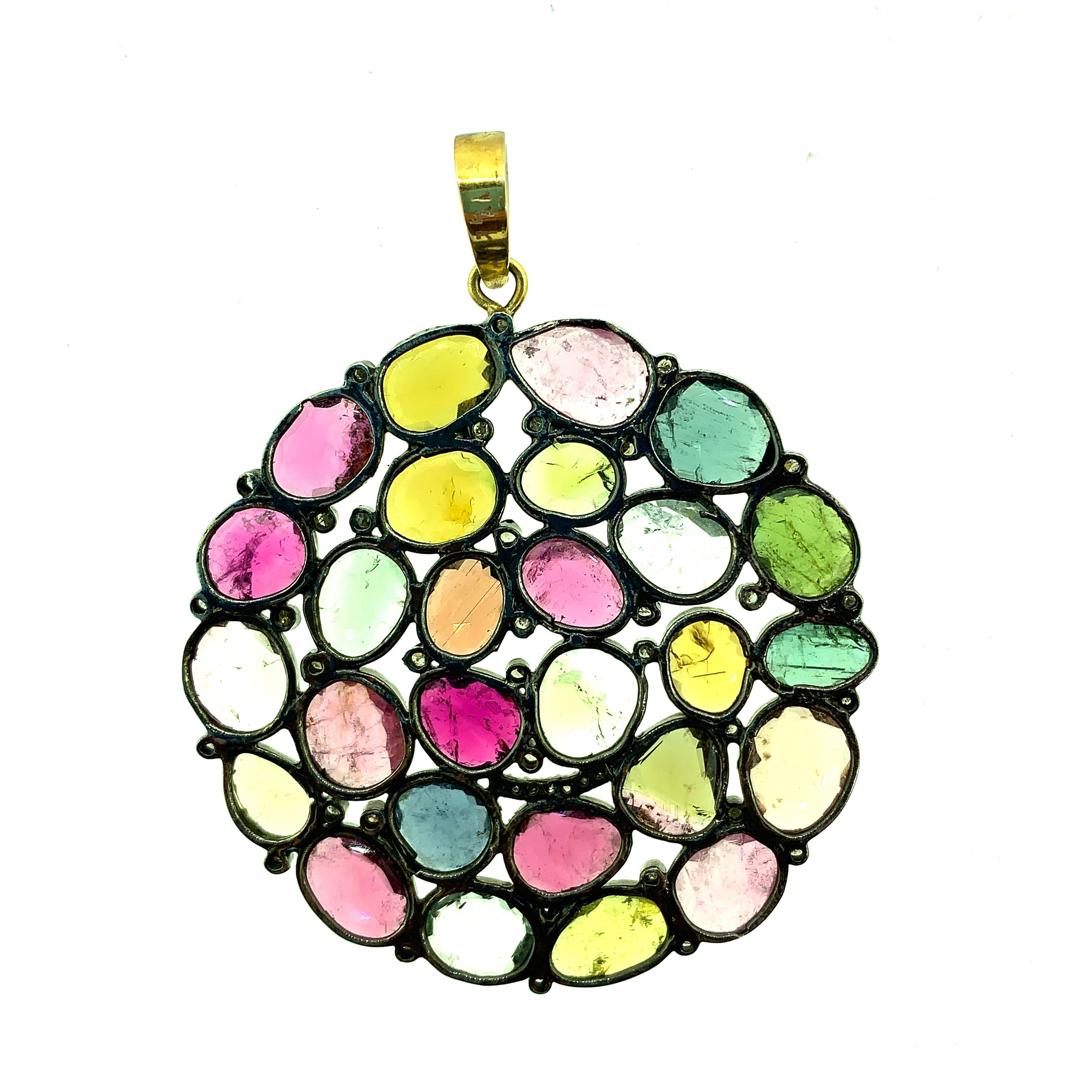 30.50 ct Multi Tourmaline, Diamond Pendant in Oxidized Sterling Silver, 14K Gold In New Condition For Sale In New York, NY