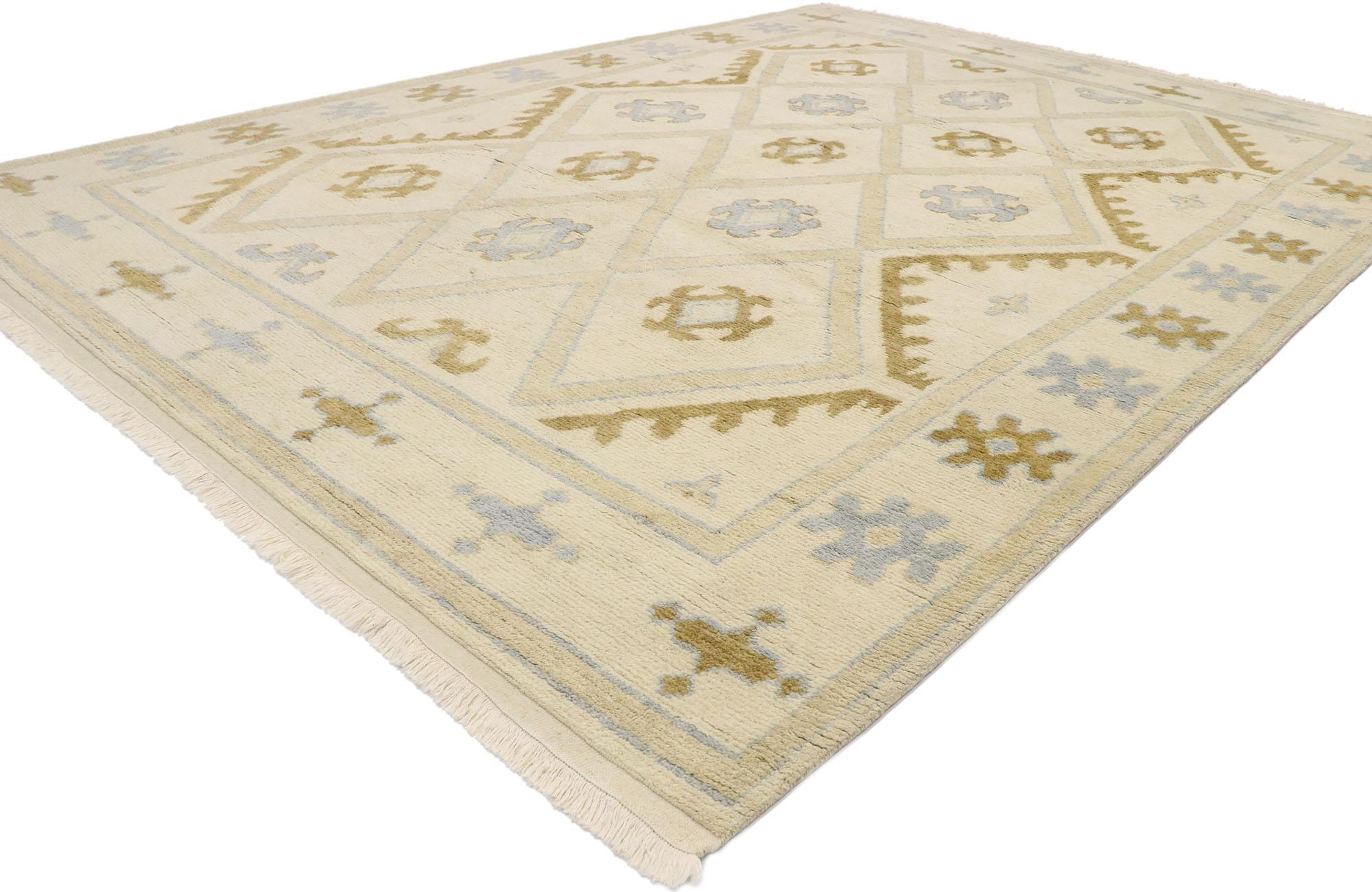 30528, new contemporary Moroccan style rug with Modern style. Warm and inviting, this hand knotted wool new contemporary Moroccan rug features an all-over diamond lattice pattern spread across an abrashed ecru-beige field. The lines of this piece
