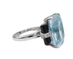 30.55 Ct Aquamarine, Onyx, Diamonds, 14 Karat White Gold Ring.