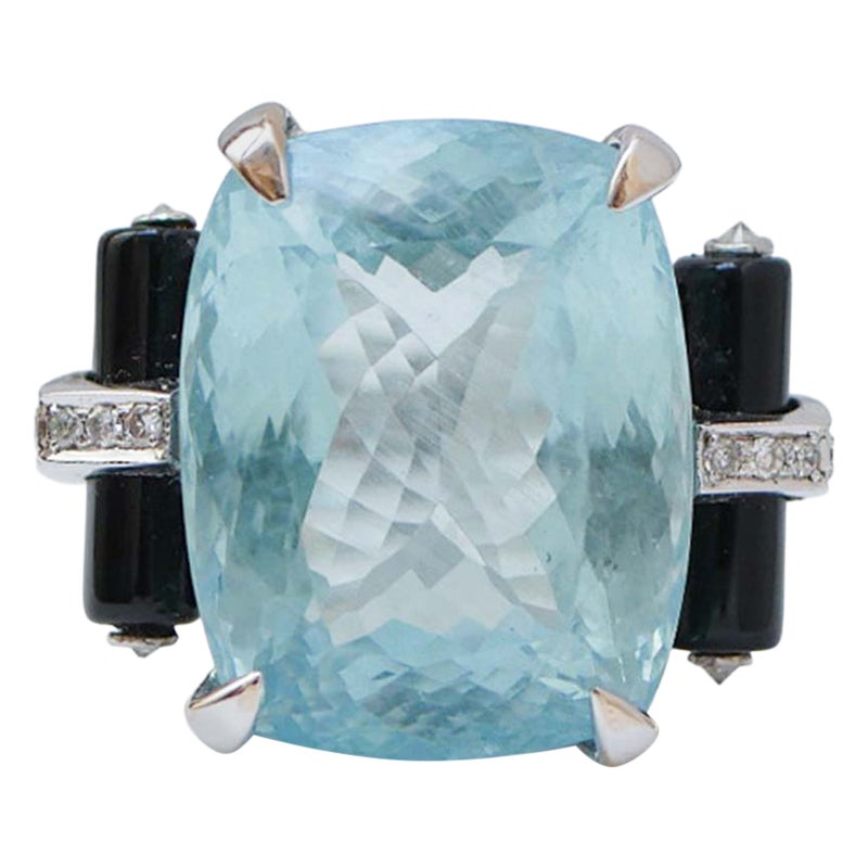30.55 Ct Aquamarine, Onyx, Diamonds, 14 Karat White Gold Ring.