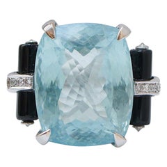 30.55 Ct Aquamarine, Onyx, Diamonds, 14 Karat White Gold Ring.