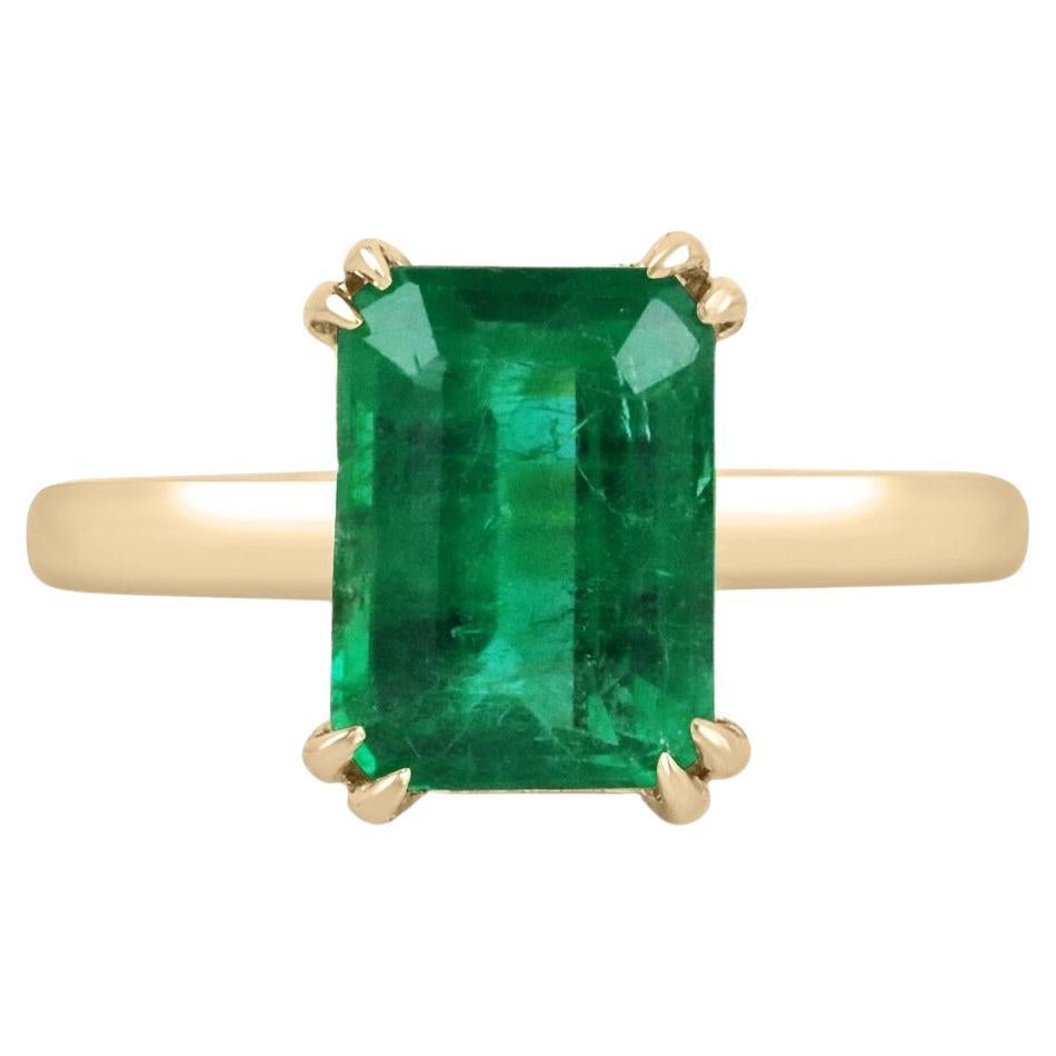 3.05ct AAA Vivid Green Zambian Emerald Cut Emerald Solitaire Prong Set Gold Ring