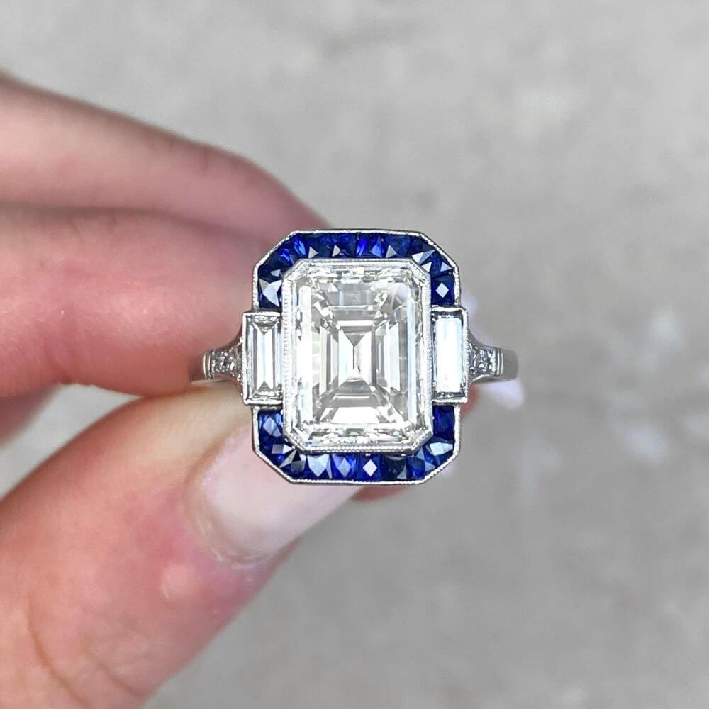 3.05ct Emerald Cut Diamond Engagement Ring, VS1 Clarity, Platinum, Sapphire Halo For Sale 5
