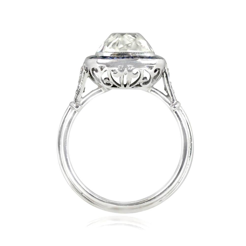 Art Deco 3.05ct Emerald Cut Diamond Engagement Ring, VS1 Clarity, Platinum, Sapphire Halo For Sale