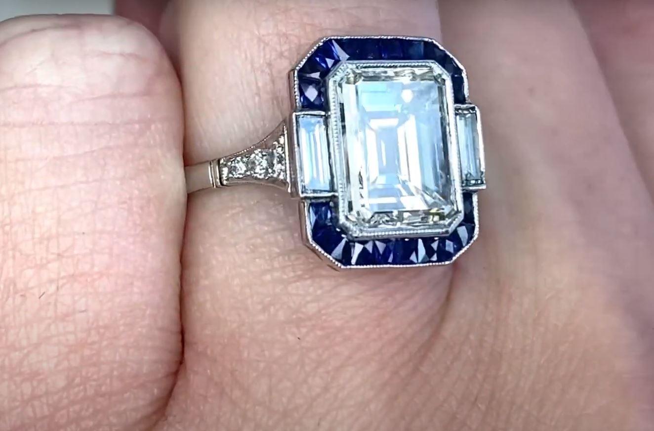 3.05ct Emerald Cut Diamond Engagement Ring, VS1 Clarity, Platinum, Sapphire Halo For Sale 1